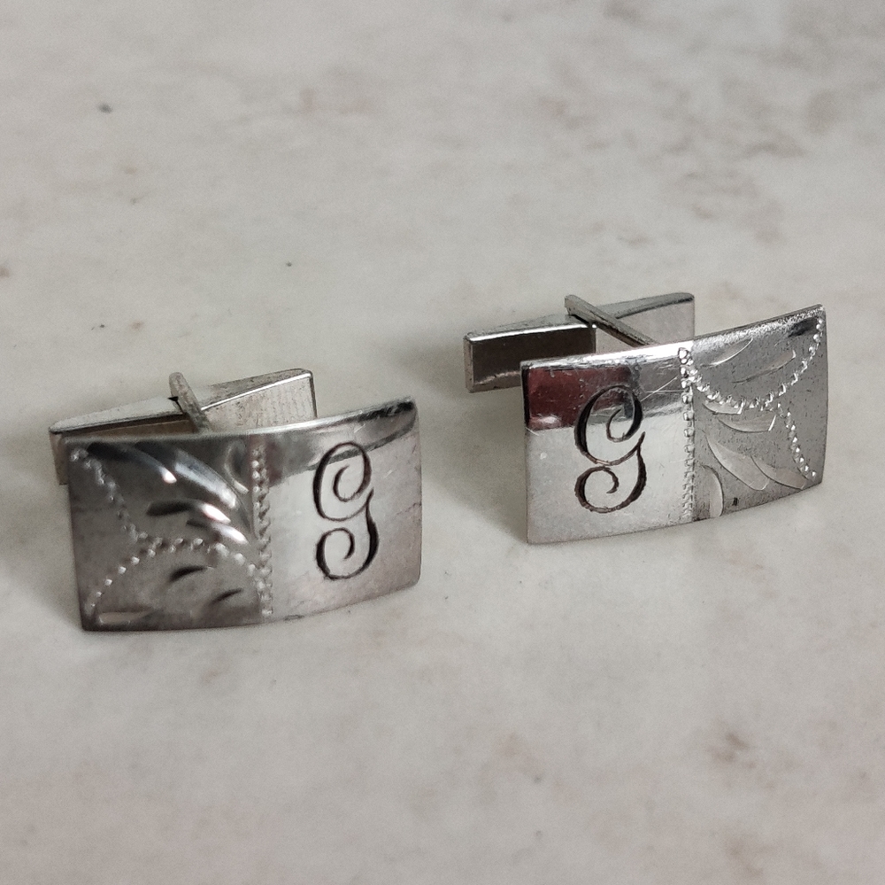 Sterling Silver Etched Monogram Letter G Cufflinks